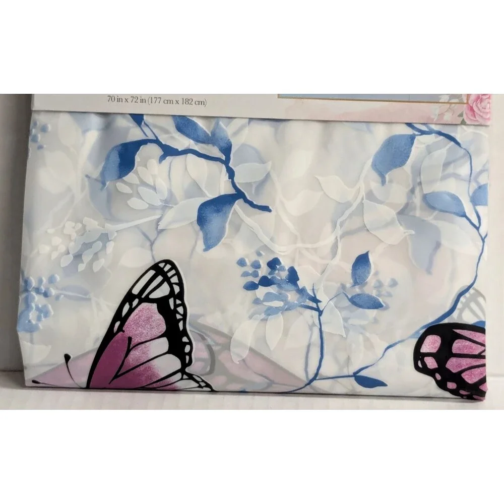 Garden Floral Butterfly Shower Curtain PEVA Opaque Blue Purple White Bath NEW